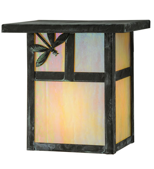 Meyda Lighting Hyde Park 7" Verdigris T Mission Wall Sconce With Beige Iridescent Dragonfly Art Shade Glass