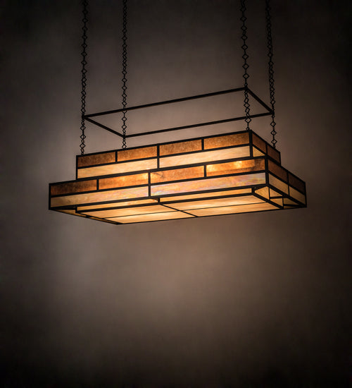Meyda Lighting Hyde Park 72" 12-Light Oil Rubbed Bronze Ceiling Island Pendant Light With Beige Iridescent & Amber Mica Shade Glass