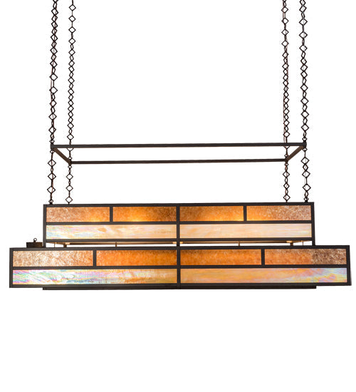 Meyda Lighting Hyde Park 72" 12-Light Oil Rubbed Bronze Ceiling Island Pendant Light With Beige Iridescent & Amber Mica Shade Glass