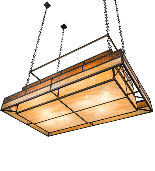 Meyda Lighting Hyde Park 72" 12-Light Oil Rubbed Bronze Ceiling Island Pendant Light With Beige Iridescent & Amber Mica Shade Glass