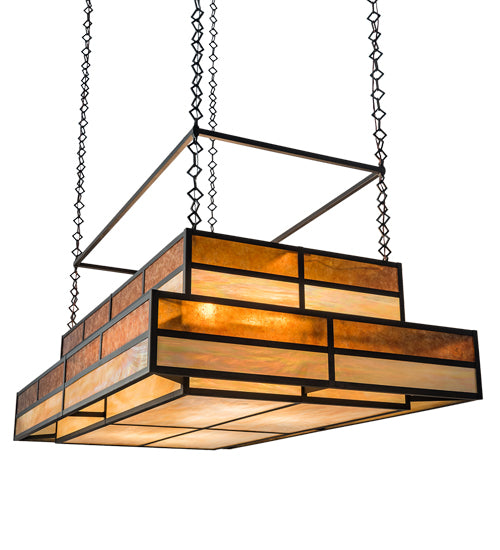 Meyda Lighting Hyde Park 72" 12-Light Oil Rubbed Bronze Ceiling Island Pendant Light With Beige Iridescent & Amber Mica Shade Glass