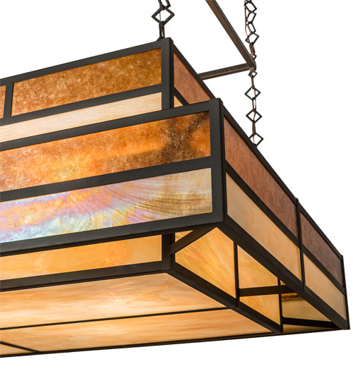 Meyda Lighting Hyde Park 72" 12-Light Oil Rubbed Bronze Ceiling Island Pendant Light With Beige Iridescent & Amber Mica Shade Glass