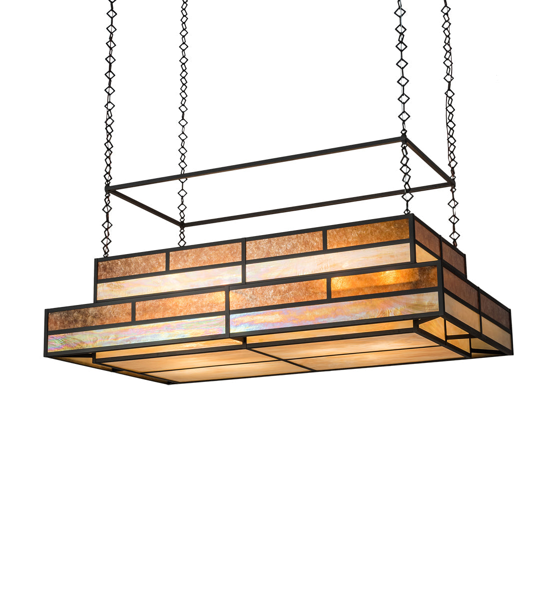 Meyda Lighting Hyde Park 72" 12-Light Oil Rubbed Bronze Ceiling Island Pendant Light With Beige Iridescent & Amber Mica Shade Glass