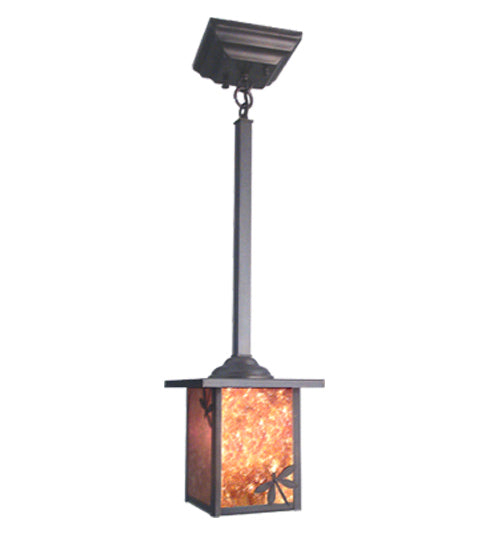 Meyda Lighting Hyde Park 7"Sq Craftsman Brown Dragonfly Pendant Light With Amber Mica Shade Glass