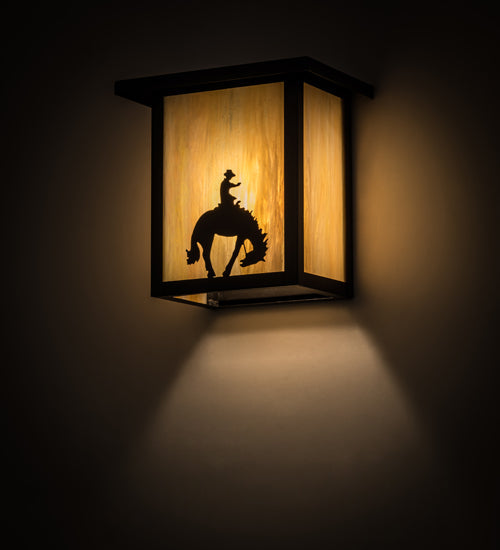 Meyda Lighting Hyde Park 8" Craftsman Brown Cowboy Wall Sconce With Beige Iridescent Art Shade Glass