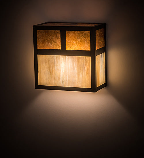 Meyda Lighting Hyde Park 8" Craftsman Brown "T" Mission Wall Sconce With Beige Iridescent & Amber Mica Shade Glass