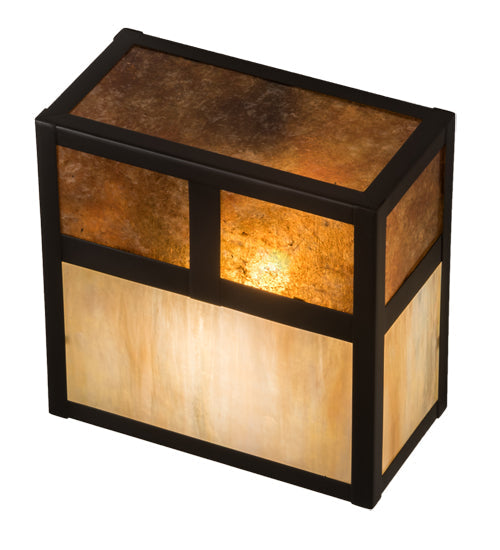 Meyda Lighting Hyde Park 8" Craftsman Brown "T" Mission Wall Sconce With Beige Iridescent & Amber Mica Shade Glass