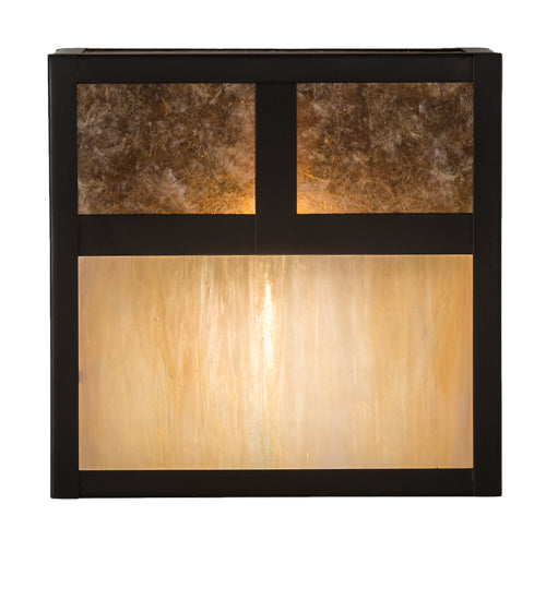 Meyda Lighting Hyde Park 8" Craftsman Brown "T" Mission Wall Sconce With Beige Iridescent & Amber Mica Shade Glass