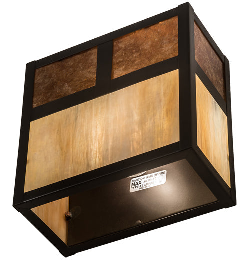Meyda Lighting Hyde Park 8" Craftsman Brown "T" Mission Wall Sconce With Beige Iridescent & Amber Mica Shade Glass