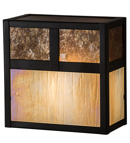 Meyda Lighting Hyde Park 8" Craftsman Brown "T" Mission Wall Sconce With Beige Iridescent & Amber Mica Shade Glass