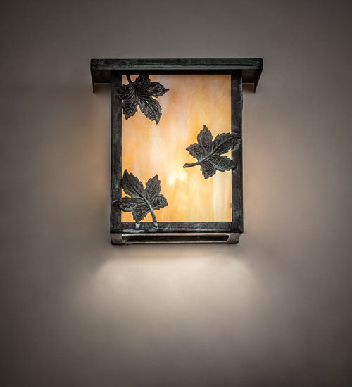 Meyda Lighting Hyde Park 8" Verdigris Maple Leaf Wall Sconce With Beige Iridescent Shade Glass