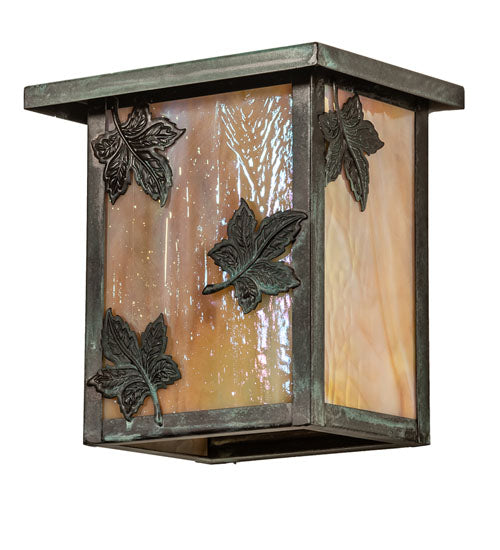 Meyda Lighting Hyde Park 8" Verdigris Maple Leaf Wall Sconce With Beige Iridescent Shade Glass