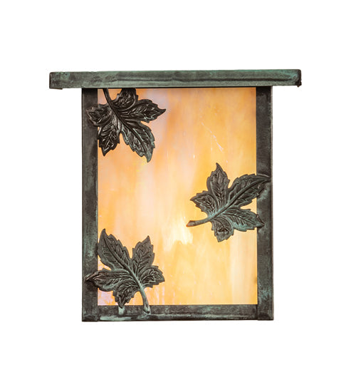 Meyda Lighting Hyde Park 8" Verdigris Maple Leaf Wall Sconce With Beige Iridescent Shade Glass