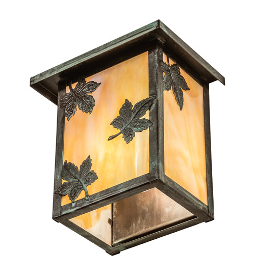 Meyda Lighting Hyde Park 8" Verdigris Maple Leaf Wall Sconce With Beige Iridescent Shade Glass