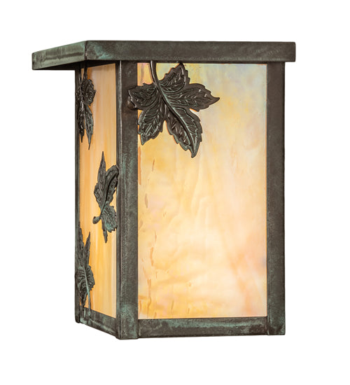 Meyda Lighting Hyde Park 8" Verdigris Maple Leaf Wall Sconce With Beige Iridescent Shade Glass