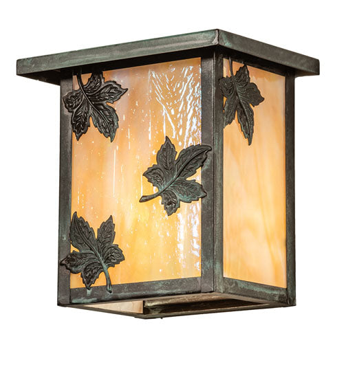 Meyda Lighting Hyde Park 8" Verdigris Maple Leaf Wall Sconce With Beige Iridescent Shade Glass