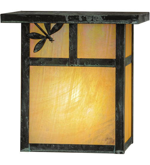 Meyda Lighting Hyde Park 8" Verdigris T Mission Left Dragonfly Wall Sconce With Beige Irridescent Shade Glass