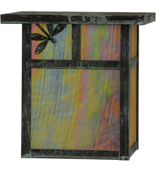 Meyda Lighting Hyde Park 8" Verdigris T Mission Left Dragonfly Wall Sconce With Beige Irridescent Shade Glass