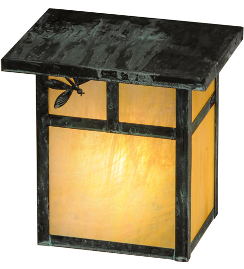 Meyda Lighting Hyde Park 8" Verdigris T Mission Left Dragonfly Wall Sconce With Beige Irridescent Shade Glass