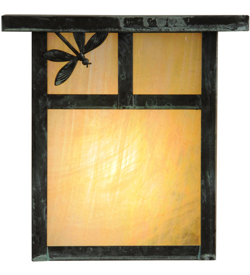 Meyda Lighting Hyde Park 8" Verdigris T Mission Left Dragonfly Wall Sconce With Beige Irridescent Shade Glass