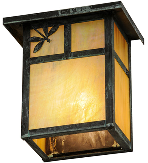 Meyda Lighting Hyde Park 8" Verdigris T Mission Left Dragonfly Wall Sconce With Beige Irridescent Shade Glass