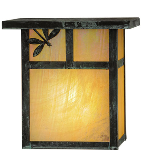 Meyda Lighting Hyde Park 8" Verdigris T Mission Left Dragonfly Wall Sconce With Beige Irridescent Shade Glass