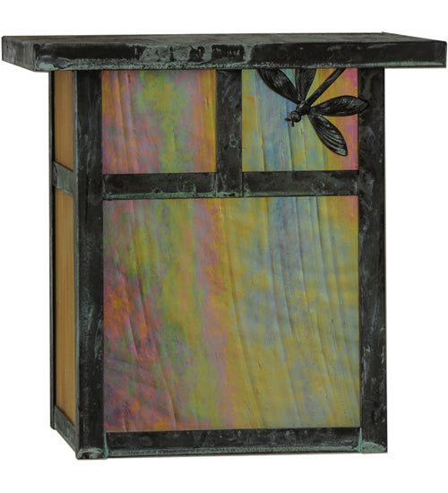 Meyda Lighting Hyde Park 8" Verdigris T Mission Right Dragonfly Wall Sconce With Beige Irridescent Shade Glass