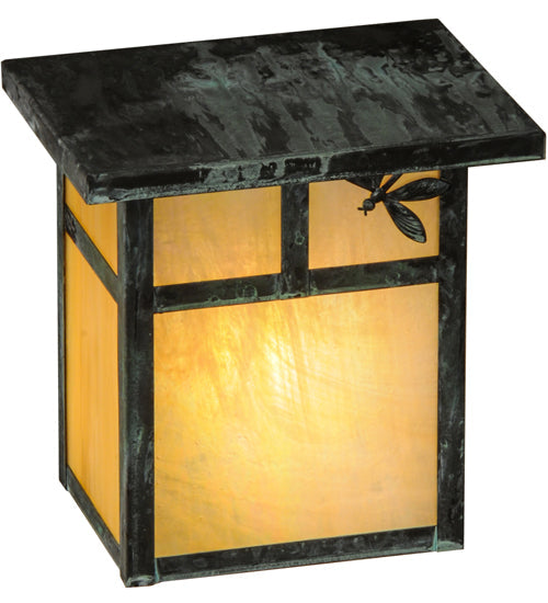 Meyda Lighting Hyde Park 8" Verdigris T Mission Right Dragonfly Wall Sconce With Beige Irridescent Shade Glass