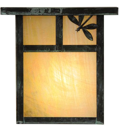 Meyda Lighting Hyde Park 8" Verdigris T Mission Right Dragonfly Wall Sconce With Beige Irridescent Shade Glass