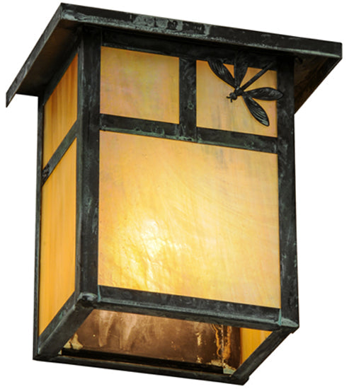 Meyda Lighting Hyde Park 8" Verdigris T Mission Right Dragonfly Wall Sconce With Beige Irridescent Shade Glass