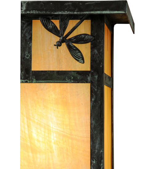 Meyda Lighting Hyde Park 8" Verdigris T Mission Right Dragonfly Wall Sconce With Beige Irridescent Shade Glass