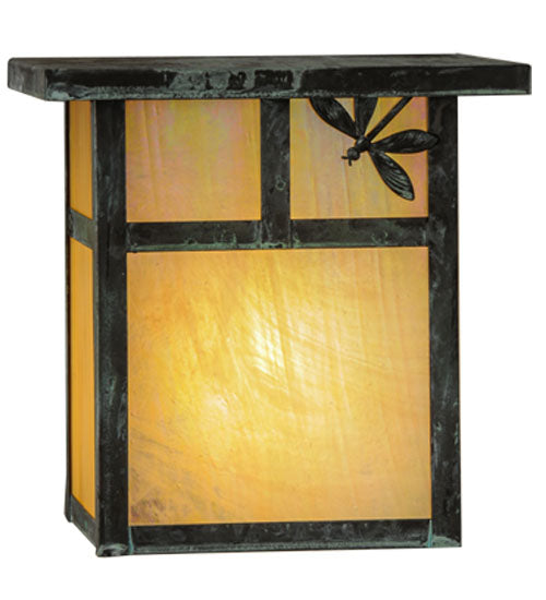 Meyda Lighting Hyde Park 8" Verdigris T Mission Right Dragonfly Wall Sconce With Beige Irridescent Shade Glass