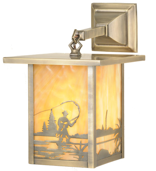 Meyda Lighting Hyde Park 9" Antique Brass Fly Fishing Creek Hanging Wall Sconce With Beige Art Shade Glass