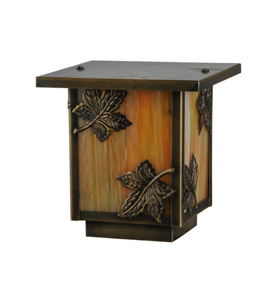 Meyda Lighting Hyde Park 9" Antique Brass Maple Leaf Outdoor Deck Light With Beige Iridescent Shade Glass
