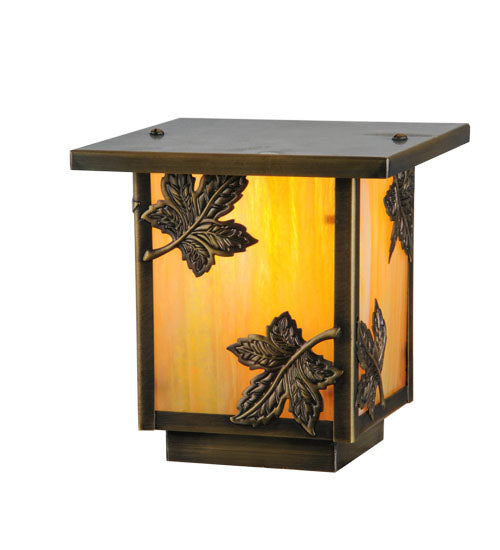 Meyda Lighting Hyde Park 9" Antique Brass Maple Leaf Outdoor Deck Light With Beige Iridescent Shade Glass