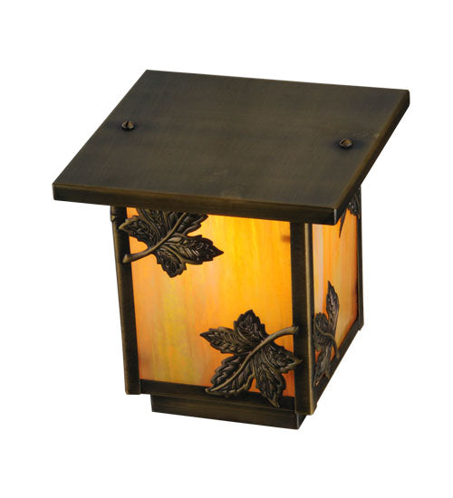 Meyda Lighting Hyde Park 9" Antique Brass Maple Leaf Outdoor Deck Light With Beige Iridescent Shade Glass