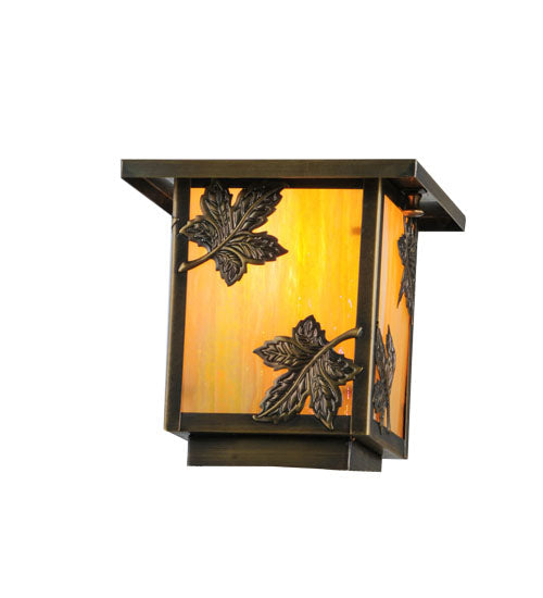 Meyda Lighting Hyde Park 9" Antique Brass Maple Leaf Outdoor Deck Light With Beige Iridescent Shade Glass
