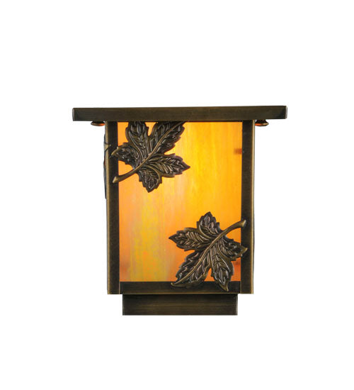 Meyda Lighting Hyde Park 9" Antique Brass Maple Leaf Outdoor Deck Light With Beige Iridescent Shade Glass