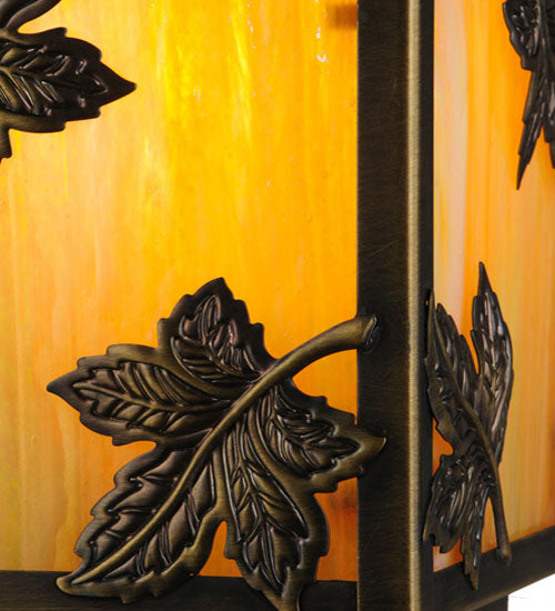 Meyda Lighting Hyde Park 9" Antique Brass Maple Leaf Outdoor Deck Light With Beige Iridescent Shade Glass