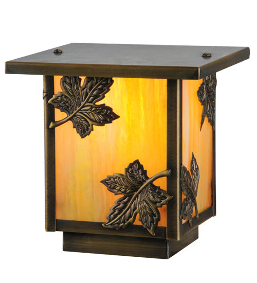 Meyda Lighting Hyde Park 9" Antique Brass Maple Leaf Outdoor Deck Light With Beige Iridescent Shade Glass
