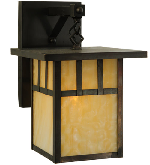 Meyda Lighting Hyde Park 9" Craftsman Brown Double Bar Mission Straight Arm Wall Sconce With Beige Shade Glass