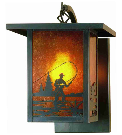 Meyda Lighting Hyde Park 9" Craftsman Brown Fly Fishing Creek Curved Arm Wall Sconce With Amber Mica Shade Glass