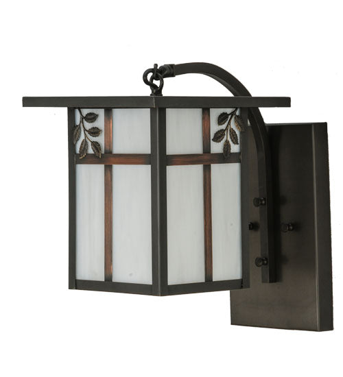 Meyda Lighting Hyde Park 9" Craftsman Brown Sprig Curved Arm Wall Sconce With White Art Shade Glass