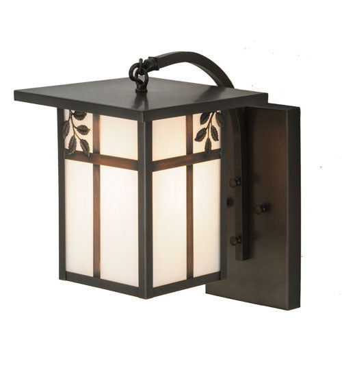 Meyda Lighting Hyde Park 9" Craftsman Brown Sprig Curved Arm Wall Sconce With White Art Shade Glass