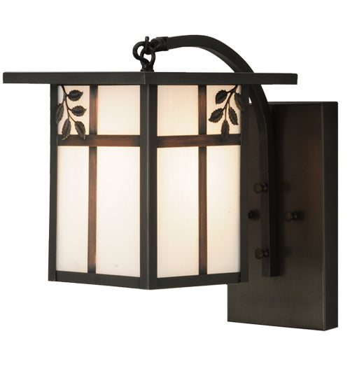 Meyda Lighting Hyde Park 9" Craftsman Brown Sprig Curved Arm Wall Sconce With White Art Shade Glass