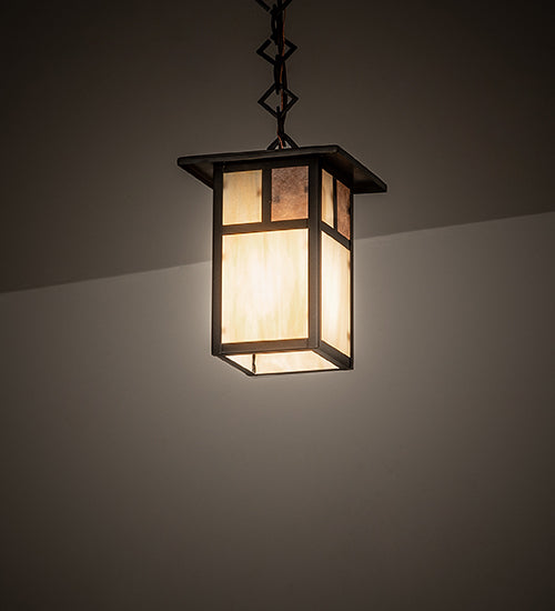 Meyda Lighting Hyde Park 9" Craftsman Brown "T" Mission Mini Pendant Light With Beige Iridescent & Silver Mica Shade Glass