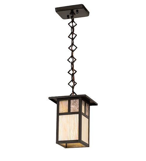 Meyda Lighting Hyde Park 9" Craftsman Brown "T" Mission Mini Pendant Light With Beige Iridescent & Silver Mica Shade Glass