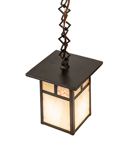 Meyda Lighting Hyde Park 9" Craftsman Brown "T" Mission Mini Pendant Light With Beige Iridescent & Silver Mica Shade Glass