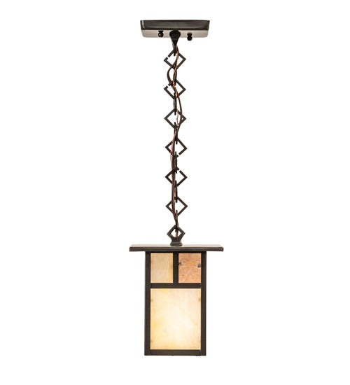 Meyda Lighting Hyde Park 9" Craftsman Brown "T" Mission Mini Pendant Light With Beige Iridescent & Silver Mica Shade Glass