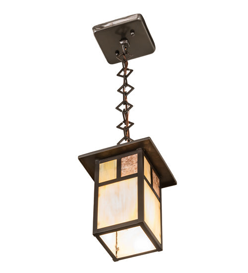 Meyda Lighting Hyde Park 9" Craftsman Brown "T" Mission Mini Pendant Light With Beige Iridescent & Silver Mica Shade Glass